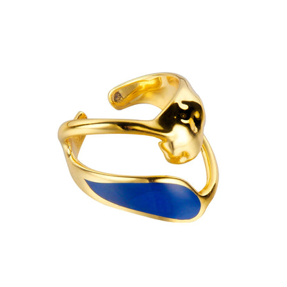 Anillo Ajustable de Diseño Asimétrico en Dorado y Plateado con Detalles en Azul - Elegancia Vanguardista